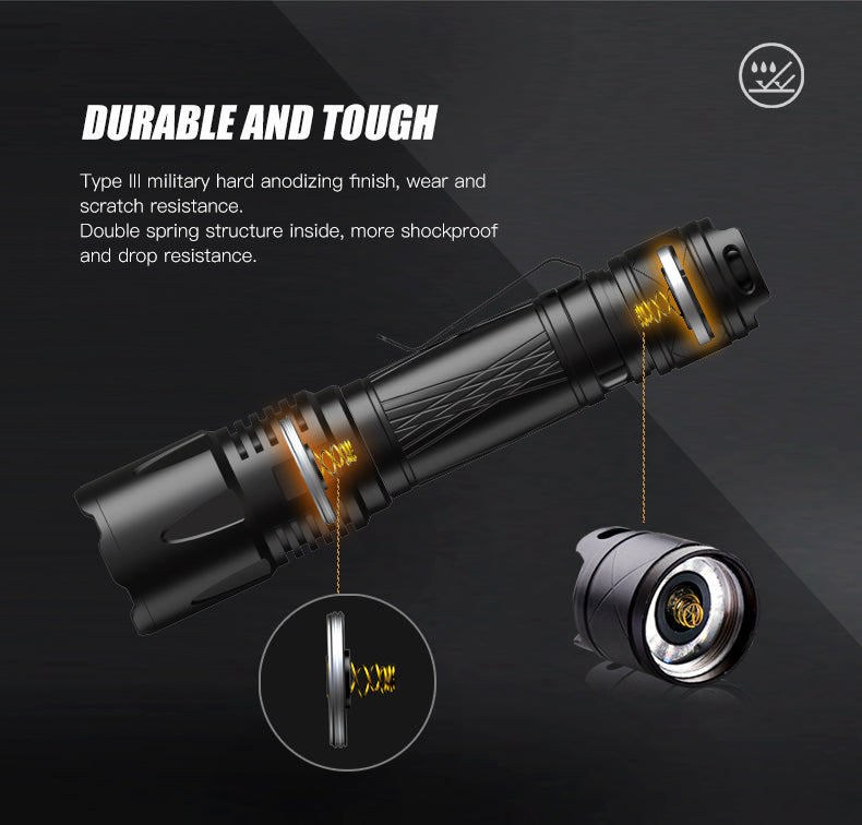 TANK007 KC16 black outdoor tactical flashlight with stainless steel pocket clip and wrist lanyard — view 4
