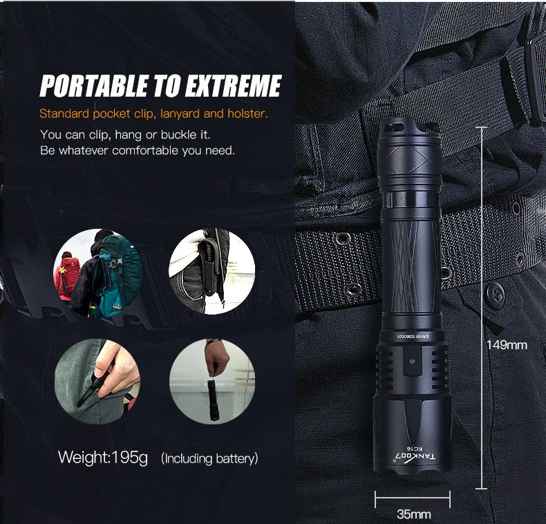 TANK007 KC16 black outdoor tactical flashlight with stainless steel pocket clip and wrist lanyard — view 5