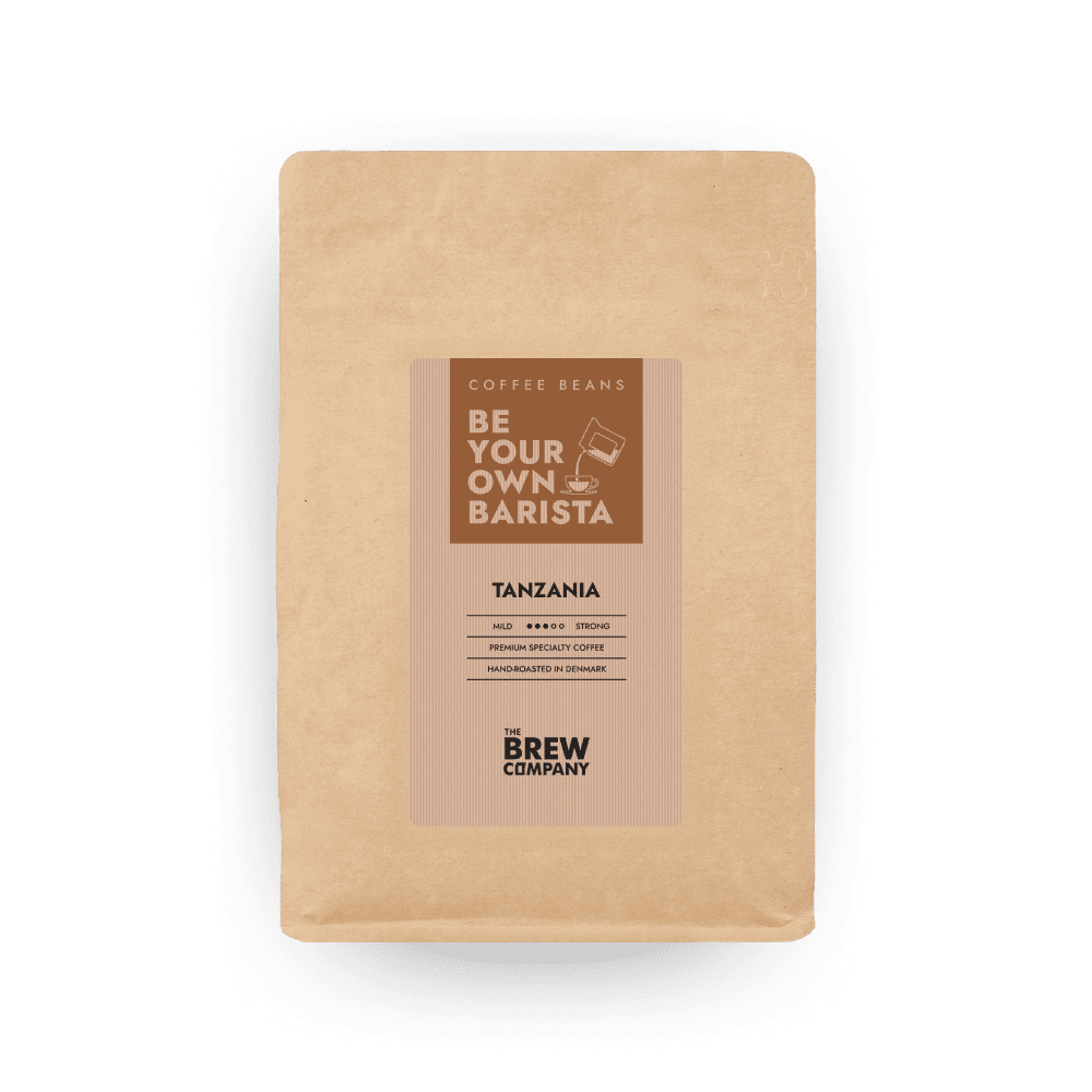 Tanzania whole bean coffee inside a brown eco-friendly kraft paper packaging pouch