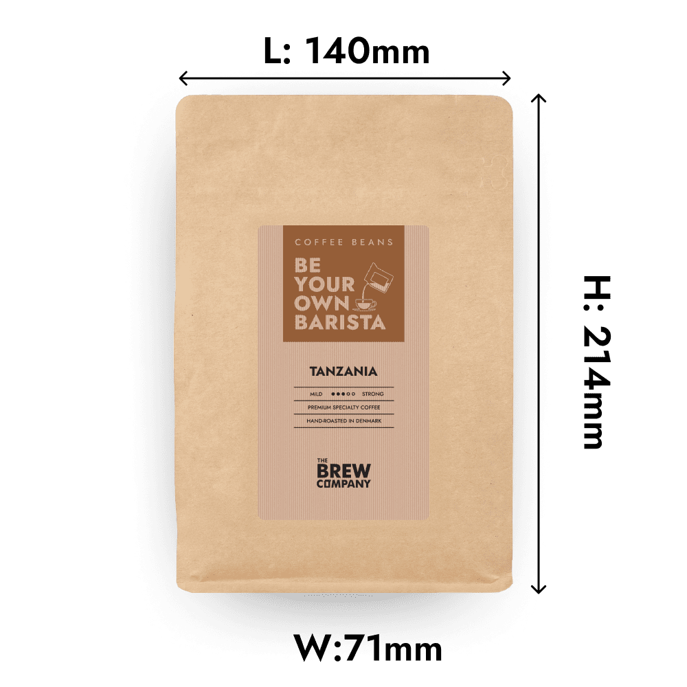 Tanzania whole bean coffee inside a brown eco-friendly kraft paper packaging pouch — view 2
