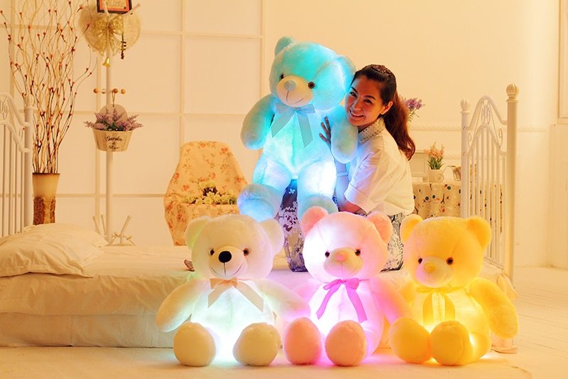 Soft glowing LED teddy bear light plush toy in sitting position with colorful illumination