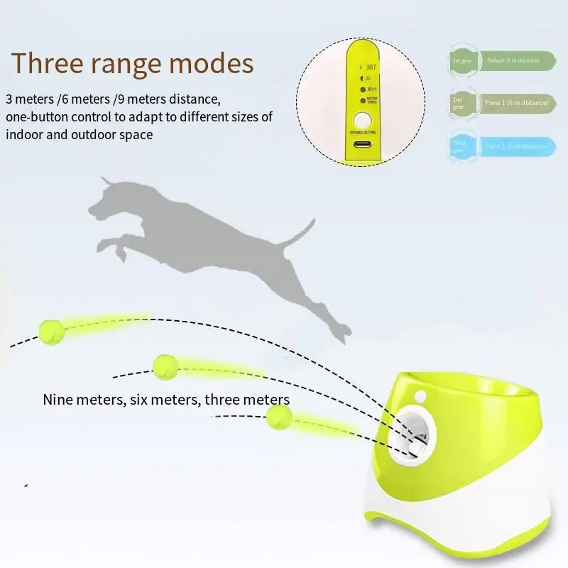 Automatic tennis ball launcher for dogs with a green tennis ball ready for interactive fetch — view 5