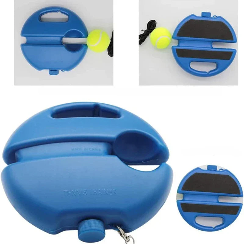 Blue tennis training rebound base with tethered yellow ball for solo outdoor practice — view 2