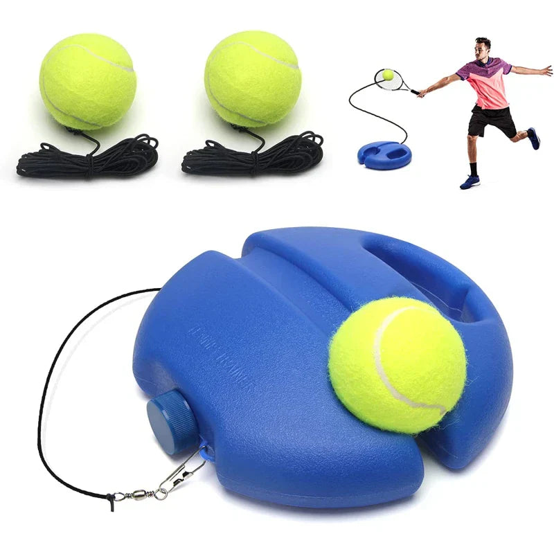 Blue tennis training rebound base with tethered yellow ball for solo outdoor practice