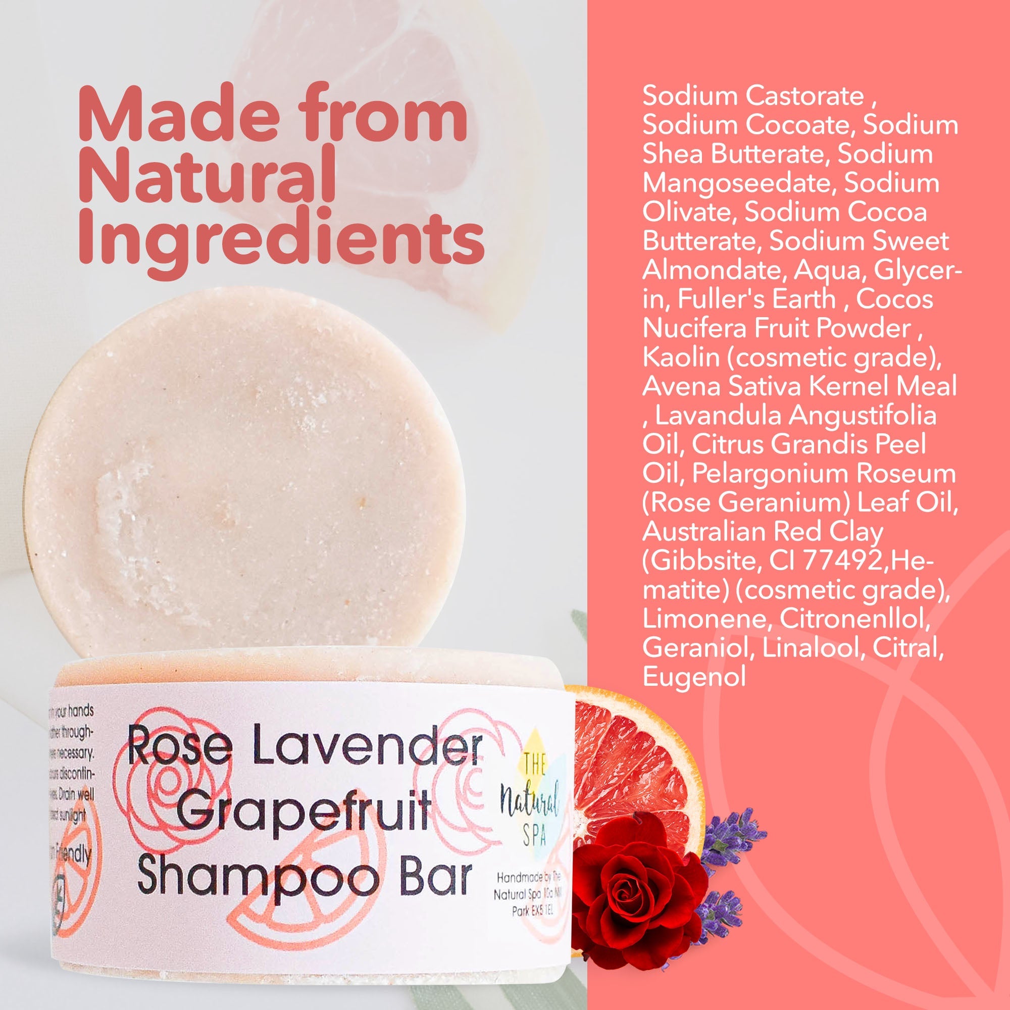 Solid rose lavender and grapefruit shampoo bar beside natural ingredients and plastic free packaging — view 5