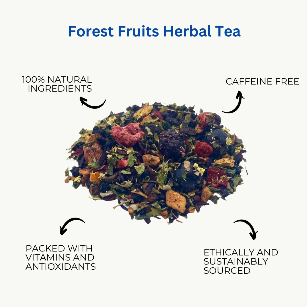 Forest fruits loose leaf tea blend with dried berries, apple pieces, and hibiscus flowers. — view 3