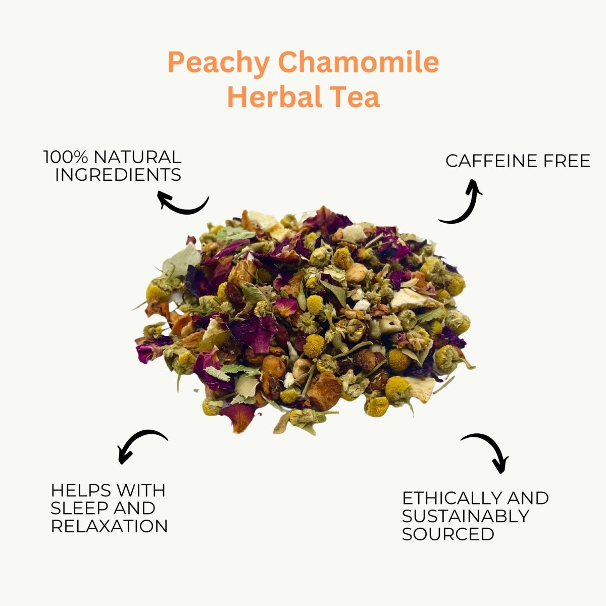 Three pouches of premium herbal loose leaf tea blends surrounded by natural fruits and flowers — view 2