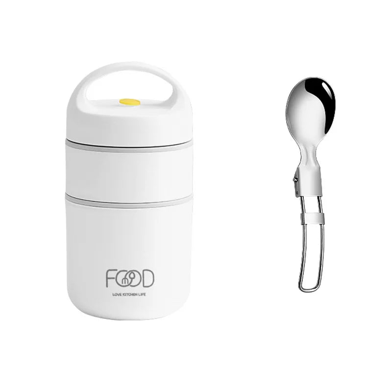 White 680ml stainless steel insulated lunch box thermal soup cup with ergonomic carrying handle.