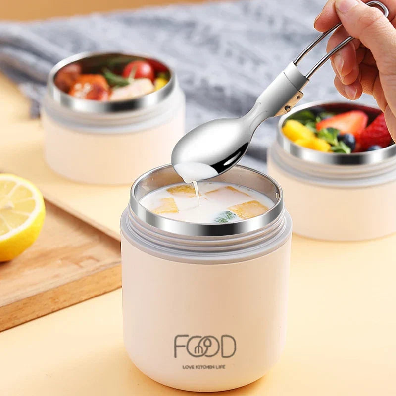 White 680ml stainless steel insulated lunch box thermal soup cup with ergonomic carrying handle. — view 3