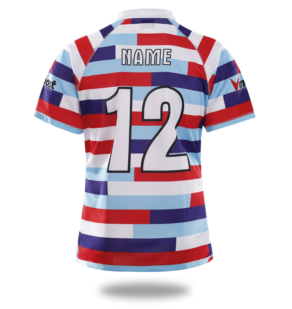 Red three-color striped men's rugby jersey with short sleeves and sublimated print design — view 2