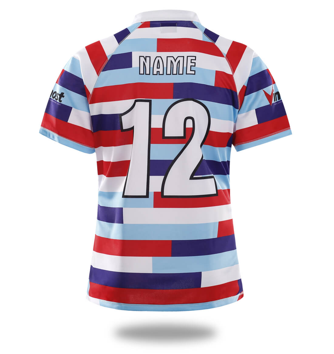 Red three-color striped men's rugby jersey with short sleeves and sublimated print design — view 2
