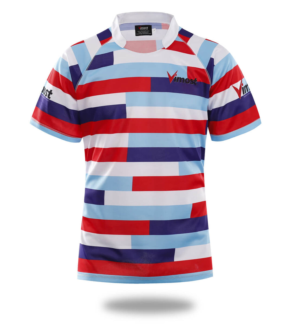 Red three-color striped men's rugby jersey with short sleeves and sublimated print design