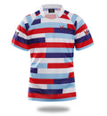 Red three-color striped men's rugby jersey with short sleeves and sublimated print design