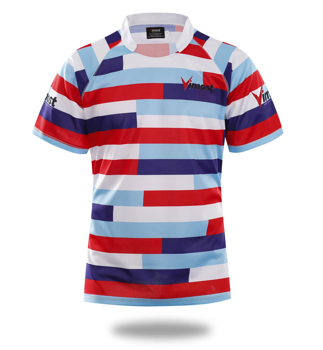 Red three-color striped men's rugby jersey with short sleeves and sublimated print design
