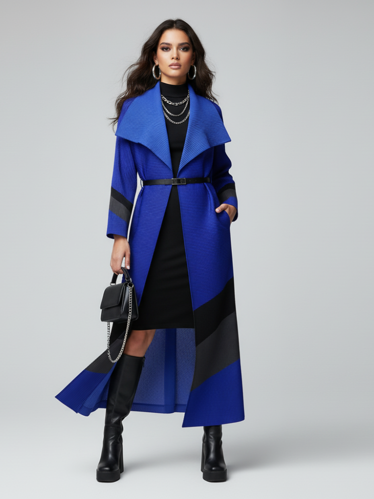 Women's tie-waist windbreaker jacket with turn-down collar, adjustable belt, and delicate pleat details