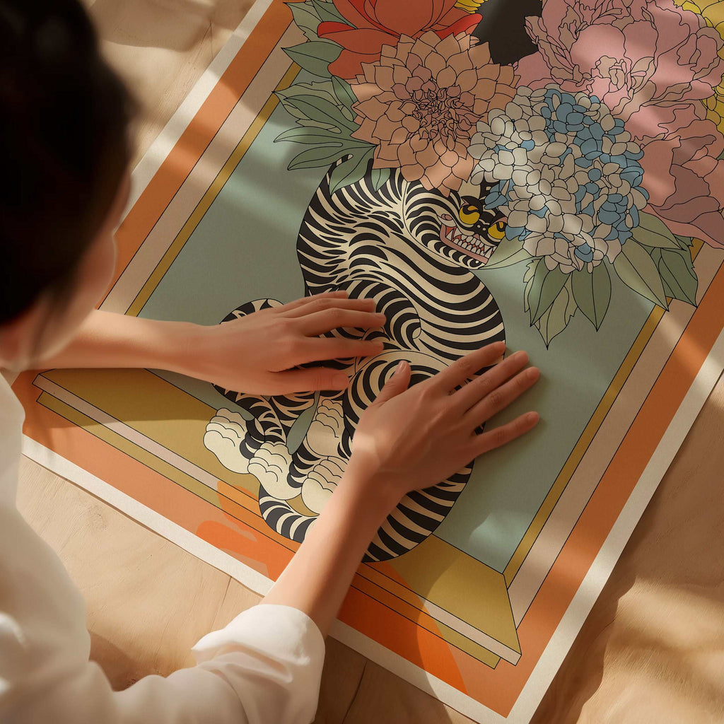 Floral tiger vase art print on fine art poster paper with intricate botanical details — view 2
