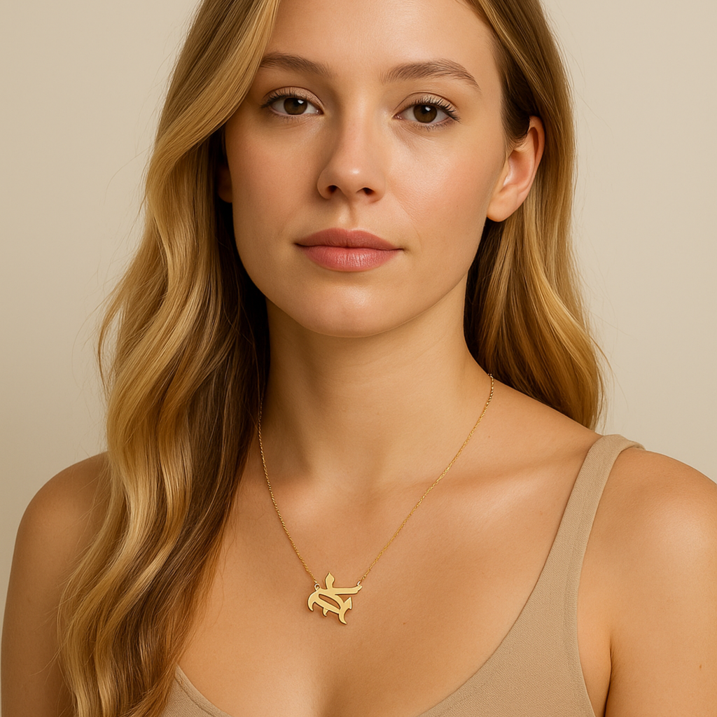 18K gold plated stainless steel gothic initial necklace hanging elegantly to the side — view 4