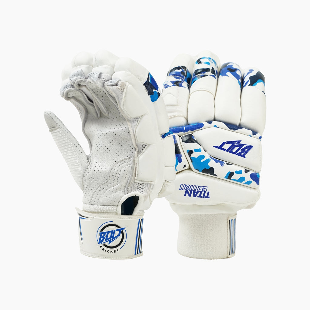 Youth cricket batting gloves by Bolt Specter featuring white protective padding and genuine leather palms