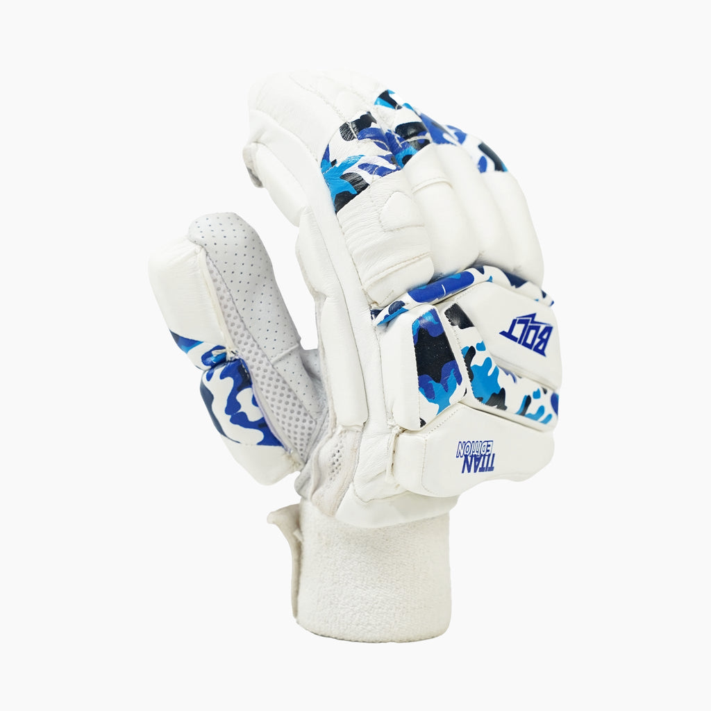 Youth cricket batting gloves by Bolt Specter featuring white protective padding and genuine leather palms — view 4
