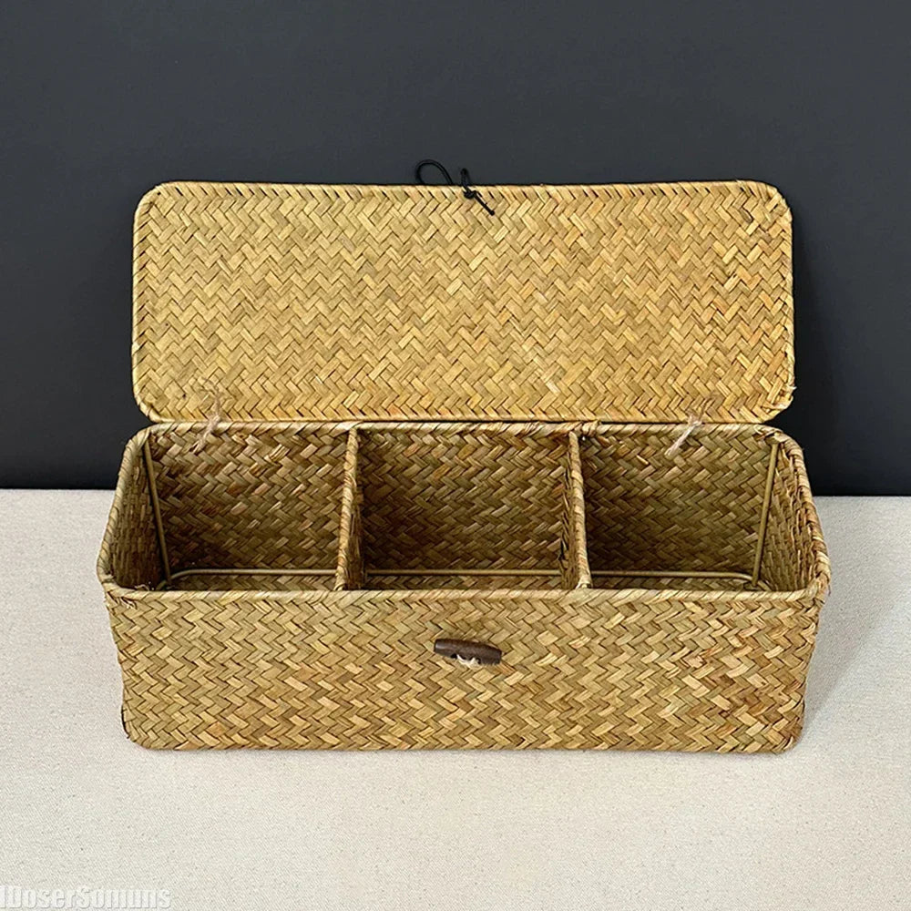 Natural handwoven seagrass storage basket with three compartments and matching lid in whitewashed yellow finish. — view 2