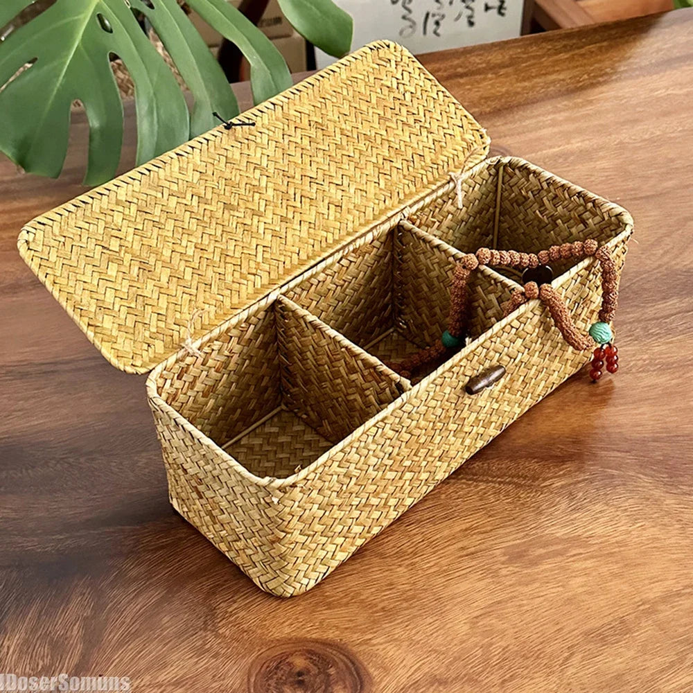 Natural handwoven seagrass storage basket with three compartments and matching lid in whitewashed yellow finish. — view 3