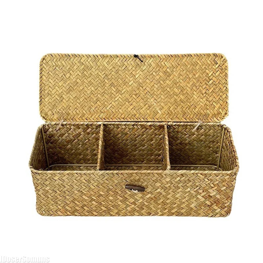 Natural handwoven seagrass storage basket with three compartments and matching lid in whitewashed yellow finish.