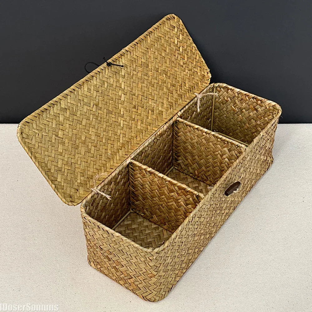 Natural handwoven seagrass storage basket with three compartments and matching lid in whitewashed yellow finish. — view 5