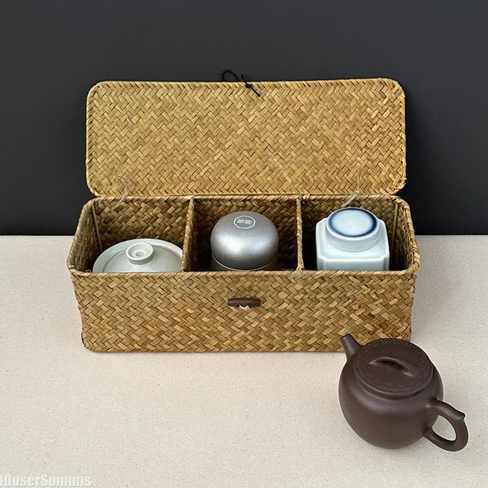 Natural handwoven seagrass storage basket with three compartments and matching lid in whitewashed yellow finish. — view 4
