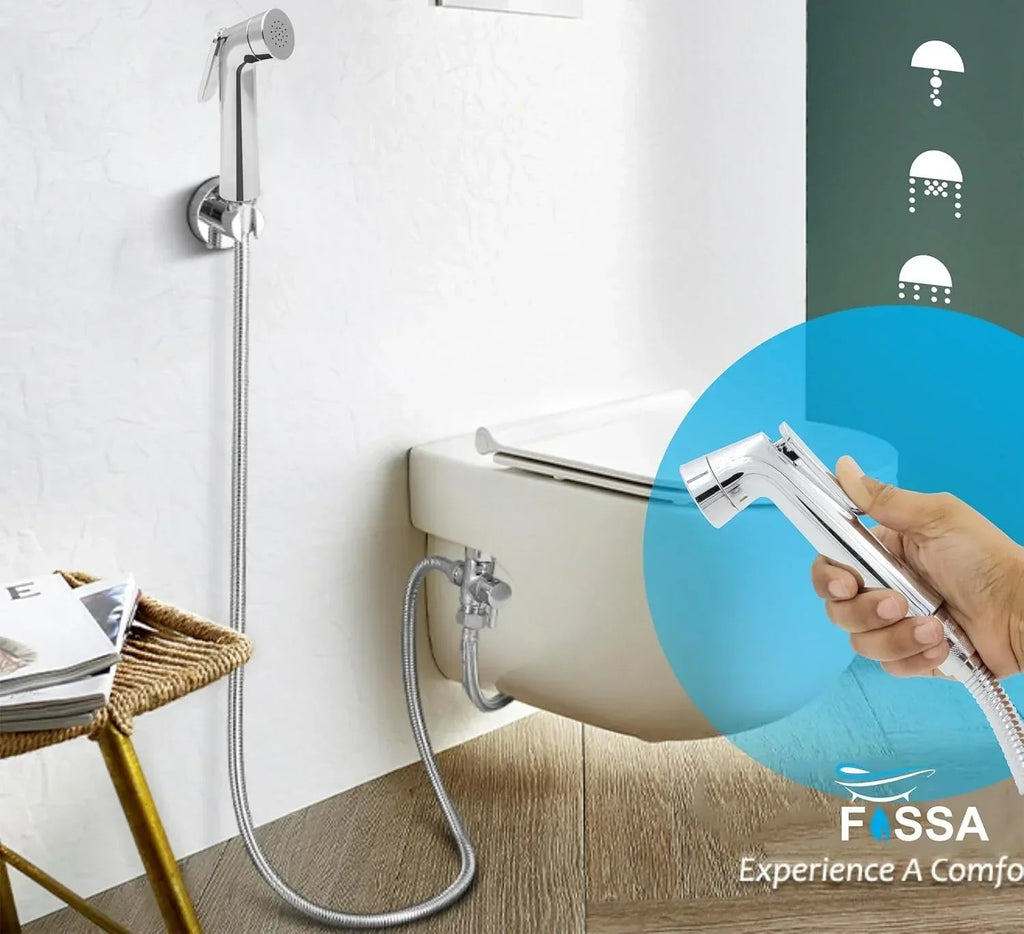 Silver toilet hand spray bidet faucet with a one meter flexible hose and wall hook — view 5