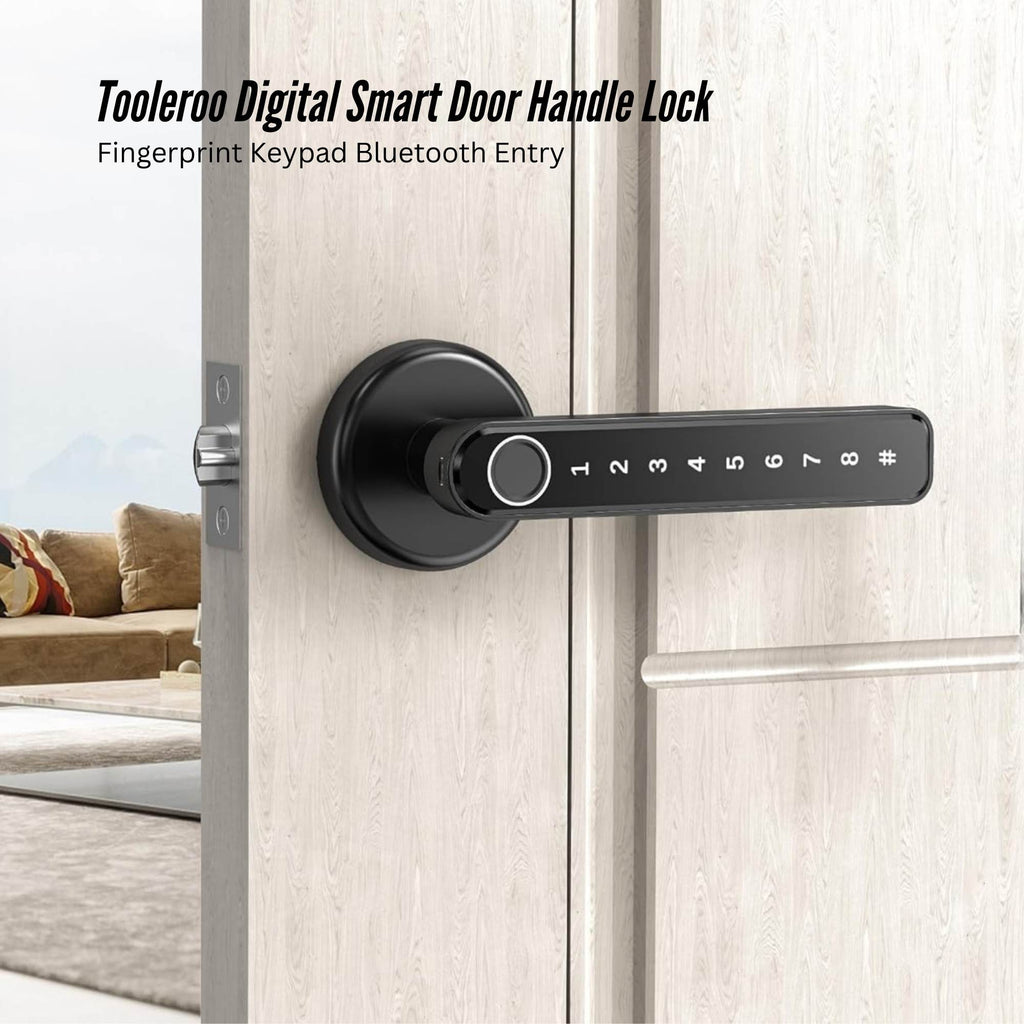 Black zinc alloy smart door lock handle with digital keypad and built-in fingerprint sensor — view 2