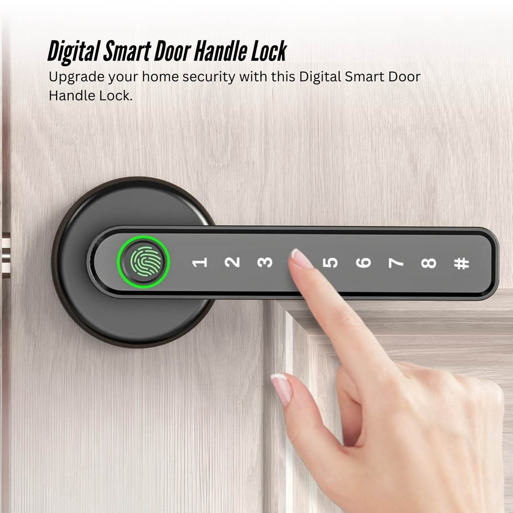 Black zinc alloy smart door lock handle with digital keypad and built-in fingerprint sensor — view 3