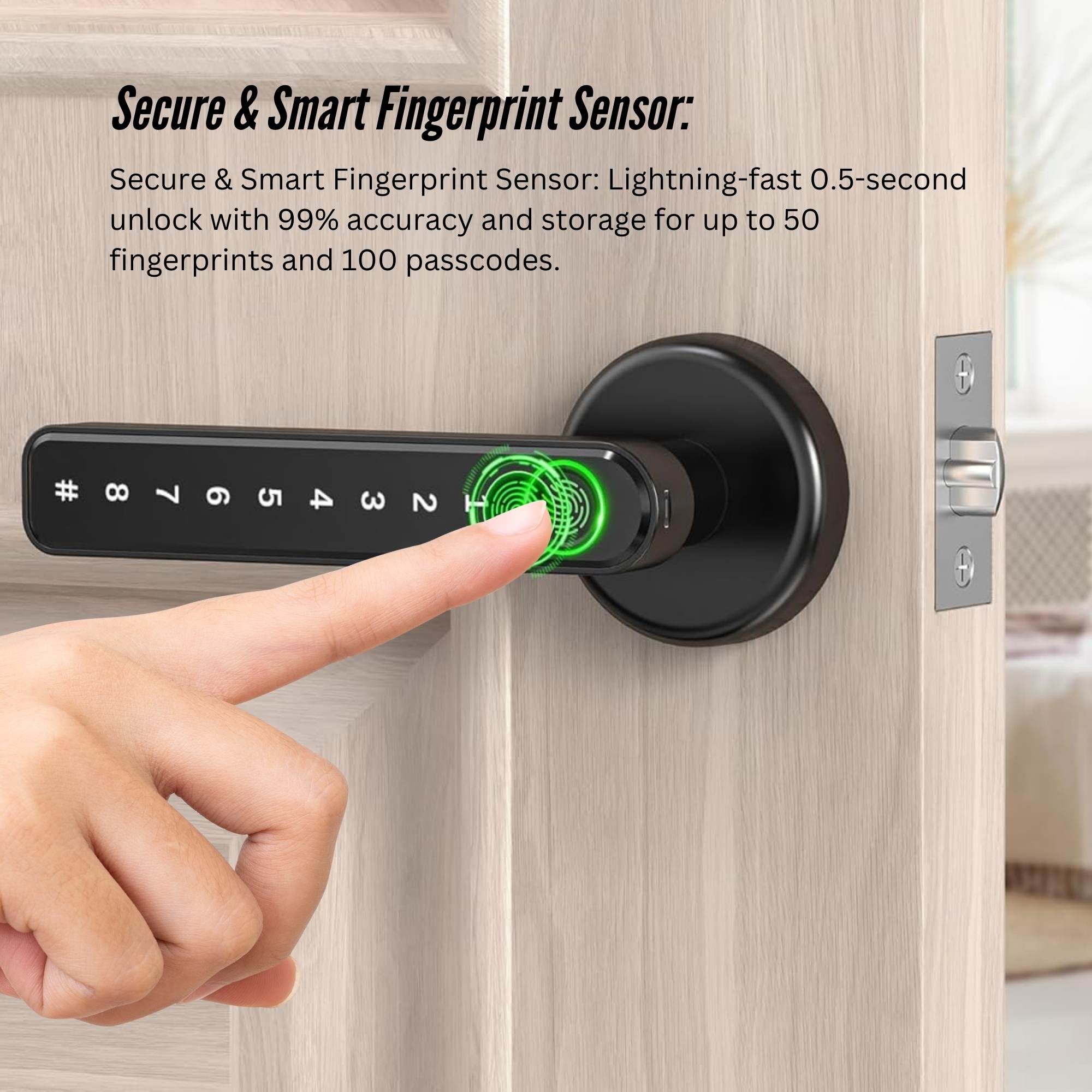 Black zinc alloy smart door lock handle with digital keypad and built-in fingerprint sensor — view 5