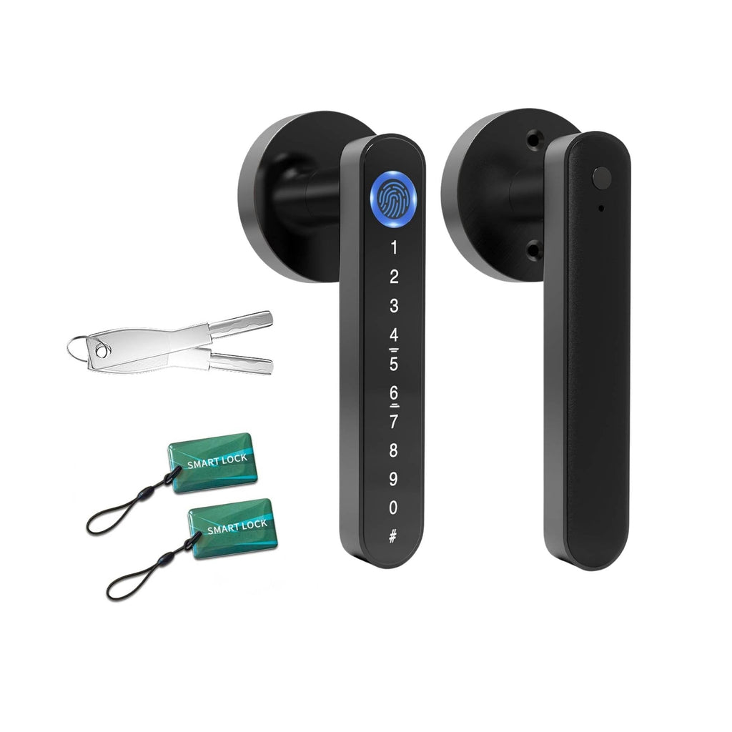 Black zinc alloy smart door lock handle with digital keypad and built-in fingerprint sensor