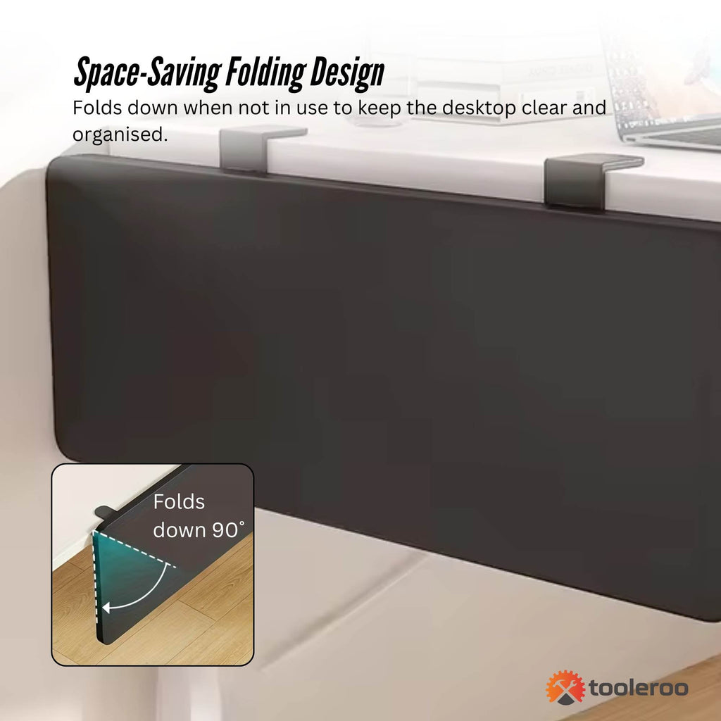 Black folding clamp-on desk extension tray with steel mounts attached to a wooden desk — view 5