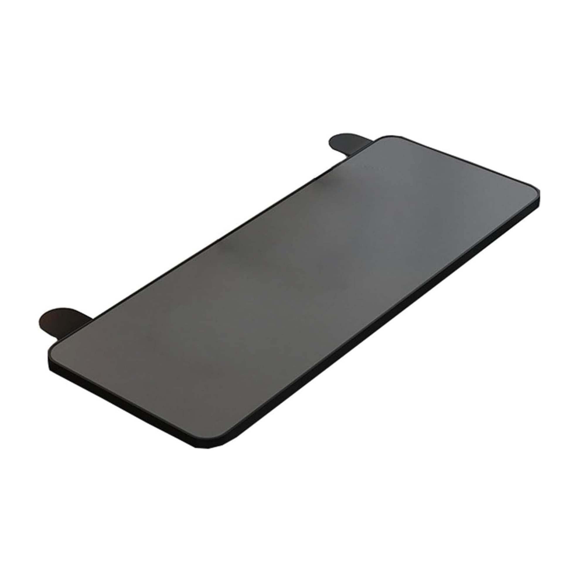 Black folding clamp-on desk extension tray with steel mounts attached to a wooden desk