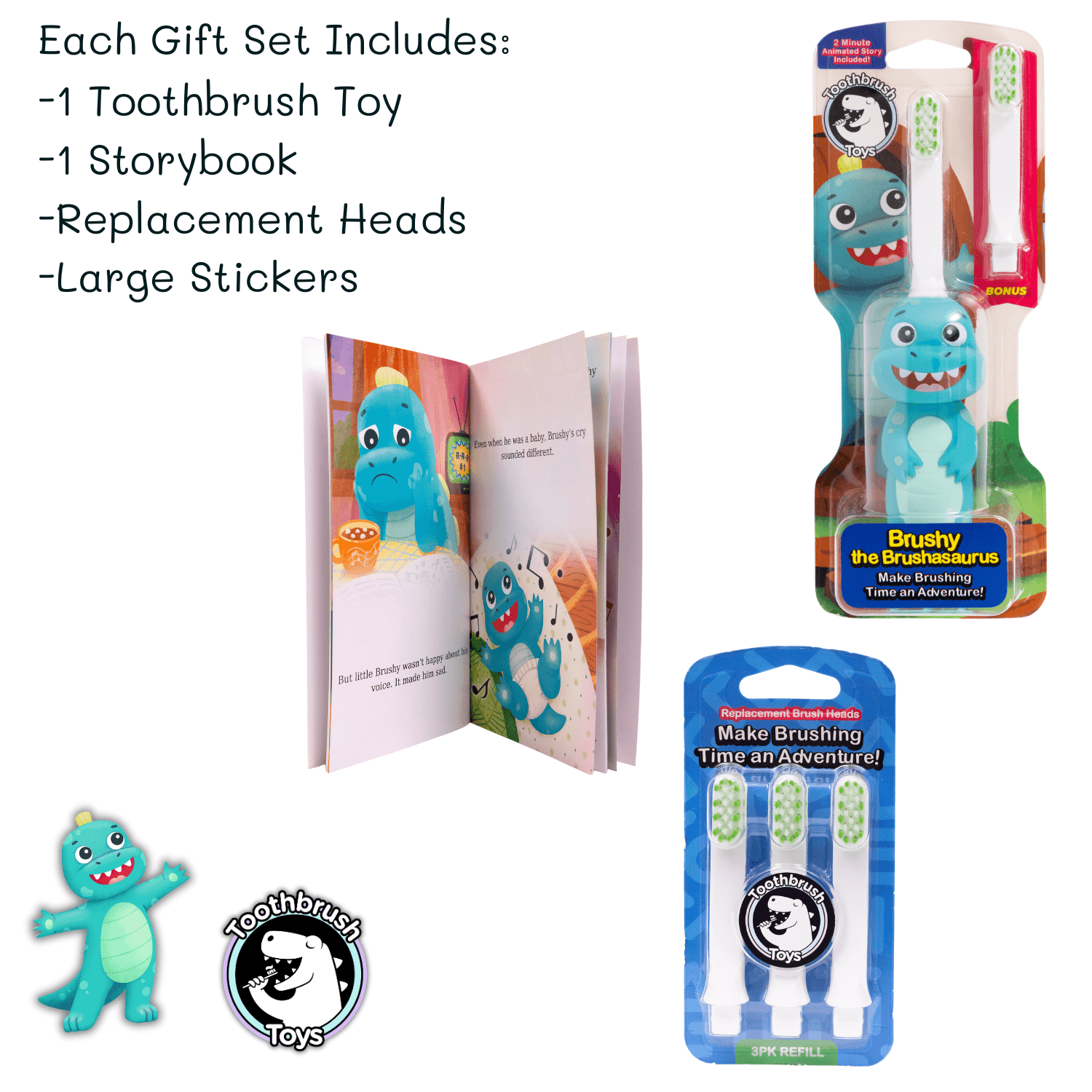 Toothbrush toys gift set for kids featuring character brush, colorful storybook, stickers, and replacement heads — view 2