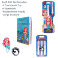 Toothbrush toys gift set for kids featuring character brush, colorful storybook, stickers, and replacement heads
