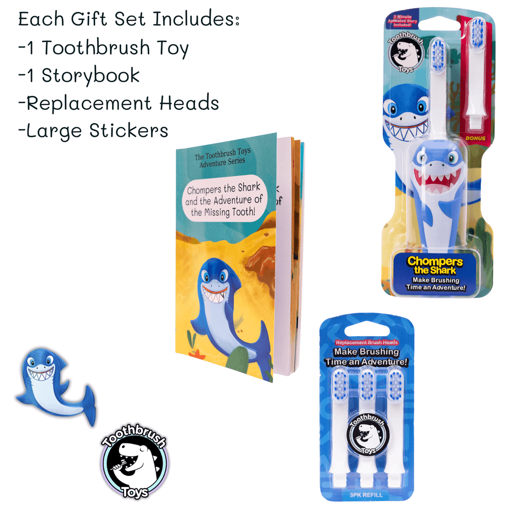 Toothbrush toys gift set for kids featuring character brush, colorful storybook, stickers, and replacement heads — view 3