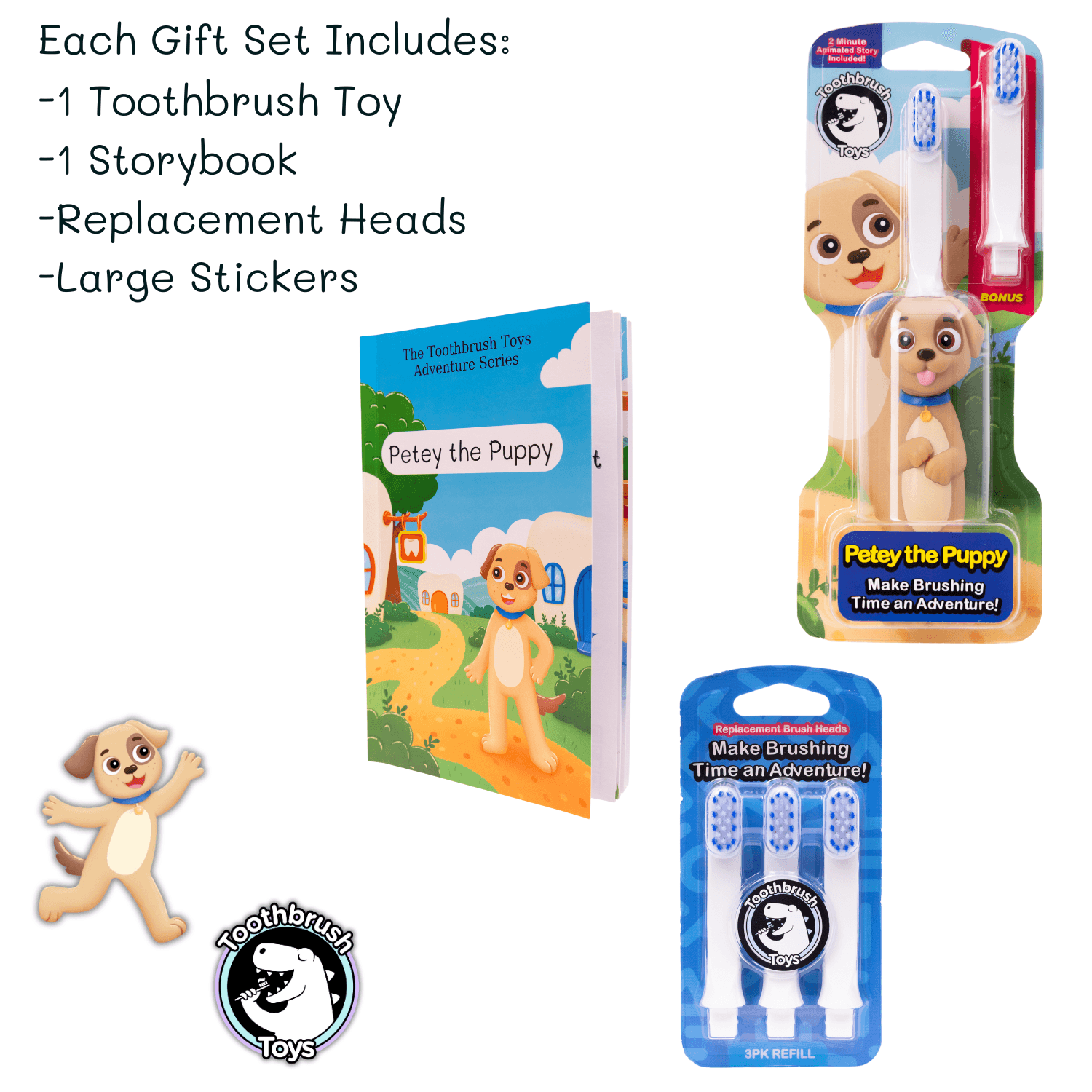 Toothbrush toys gift set for kids featuring character brush, colorful storybook, stickers, and replacement heads — view 4