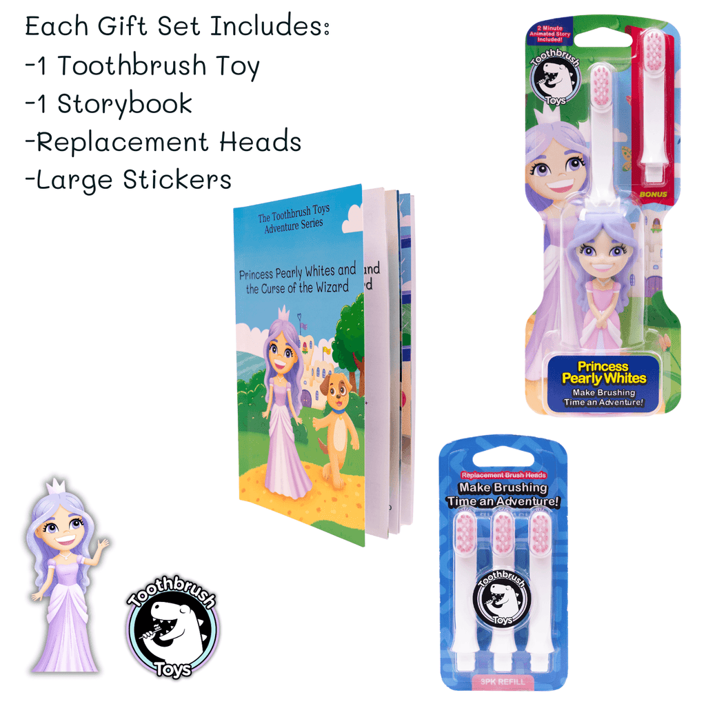 Toothbrush toys gift set for kids featuring character brush, colorful storybook, stickers, and replacement heads — view 5