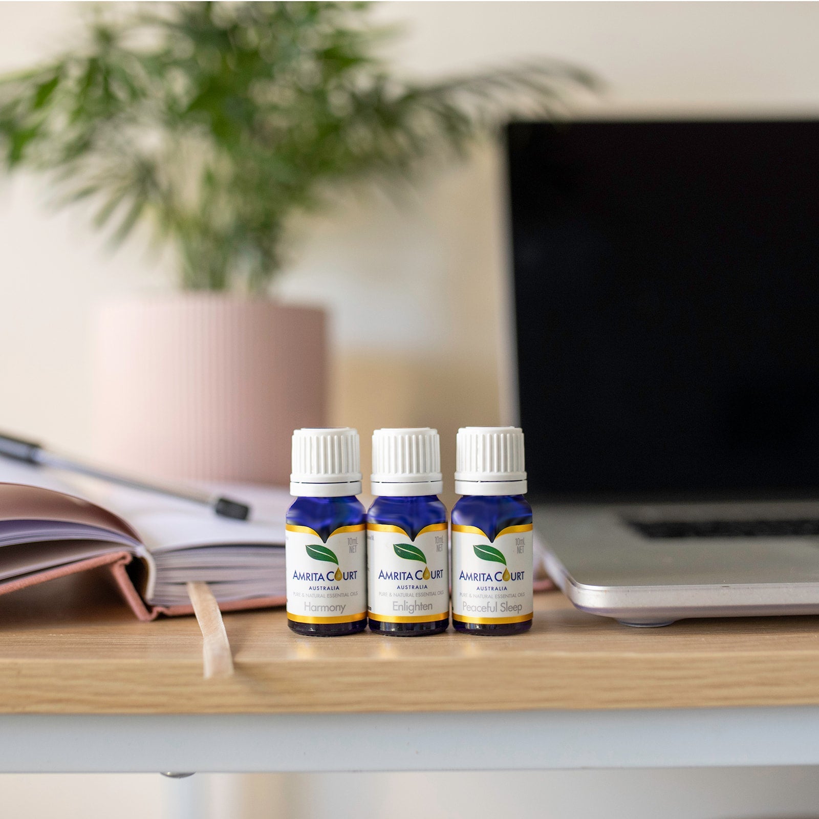 Total Control essential oil trio glass bottles for energy, calm, and peaceful sleep support.