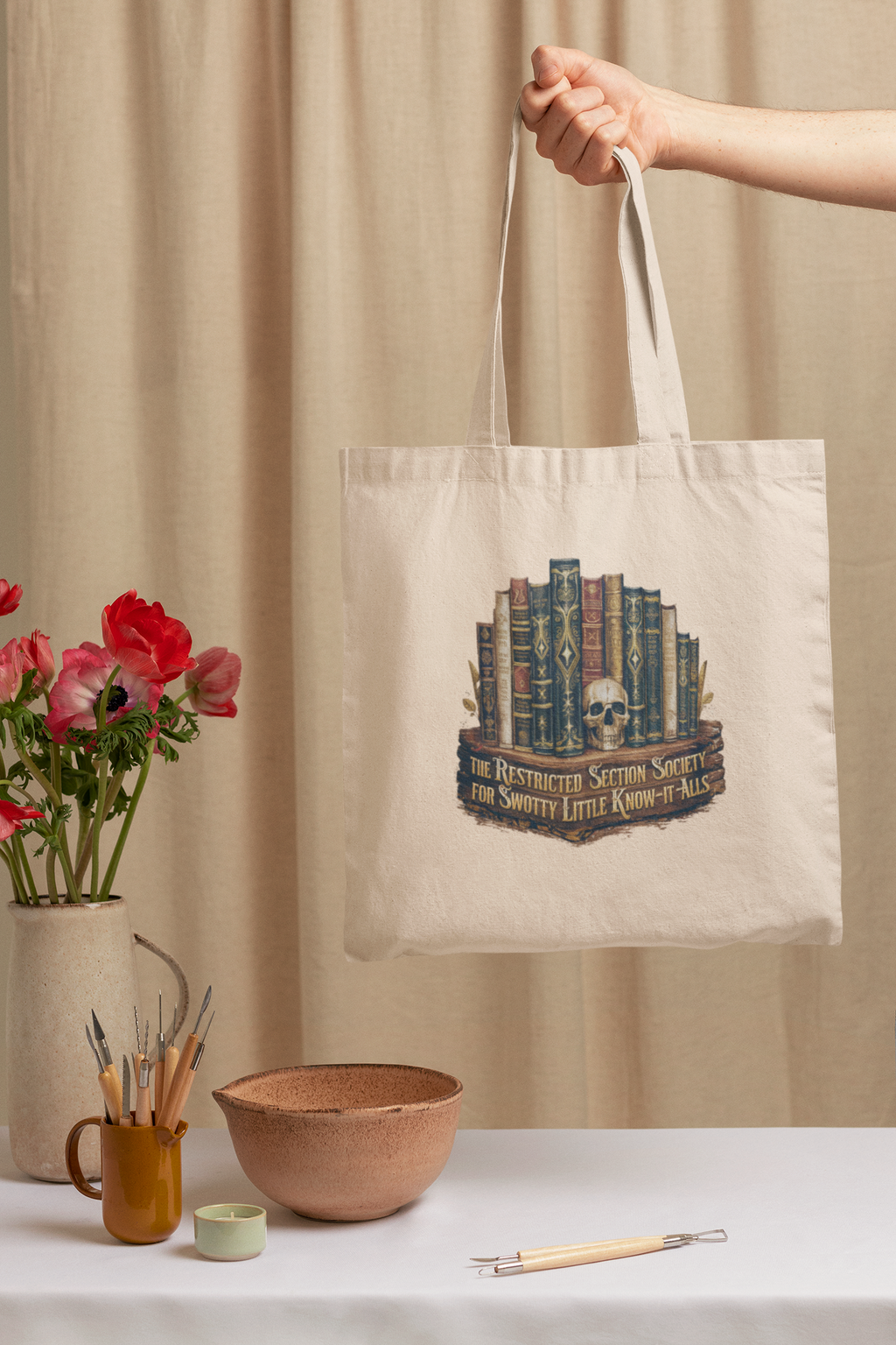 Restricted Section Society printed cotton canvas tote bag with shoulder handles