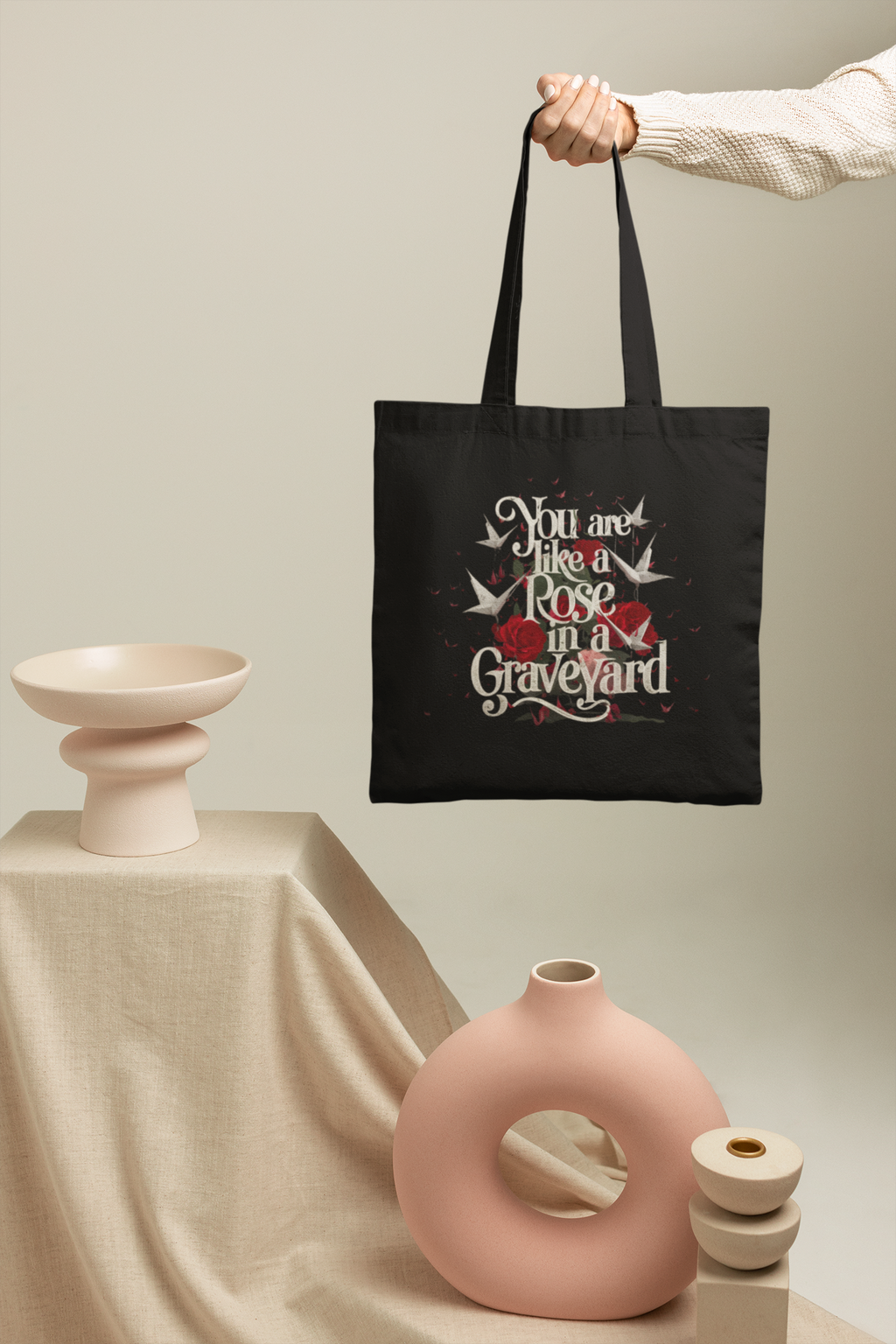 Cotton canvas tote bag with dark romance quote design, book lover accessory — view 3