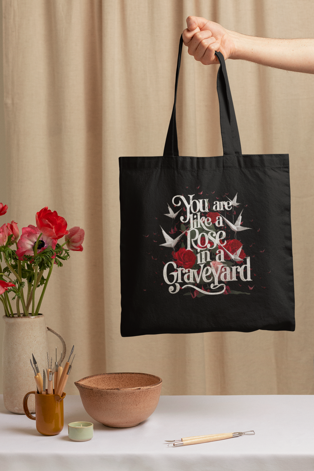 Cotton canvas tote bag with dark romance quote design, book lover accessory — view 4