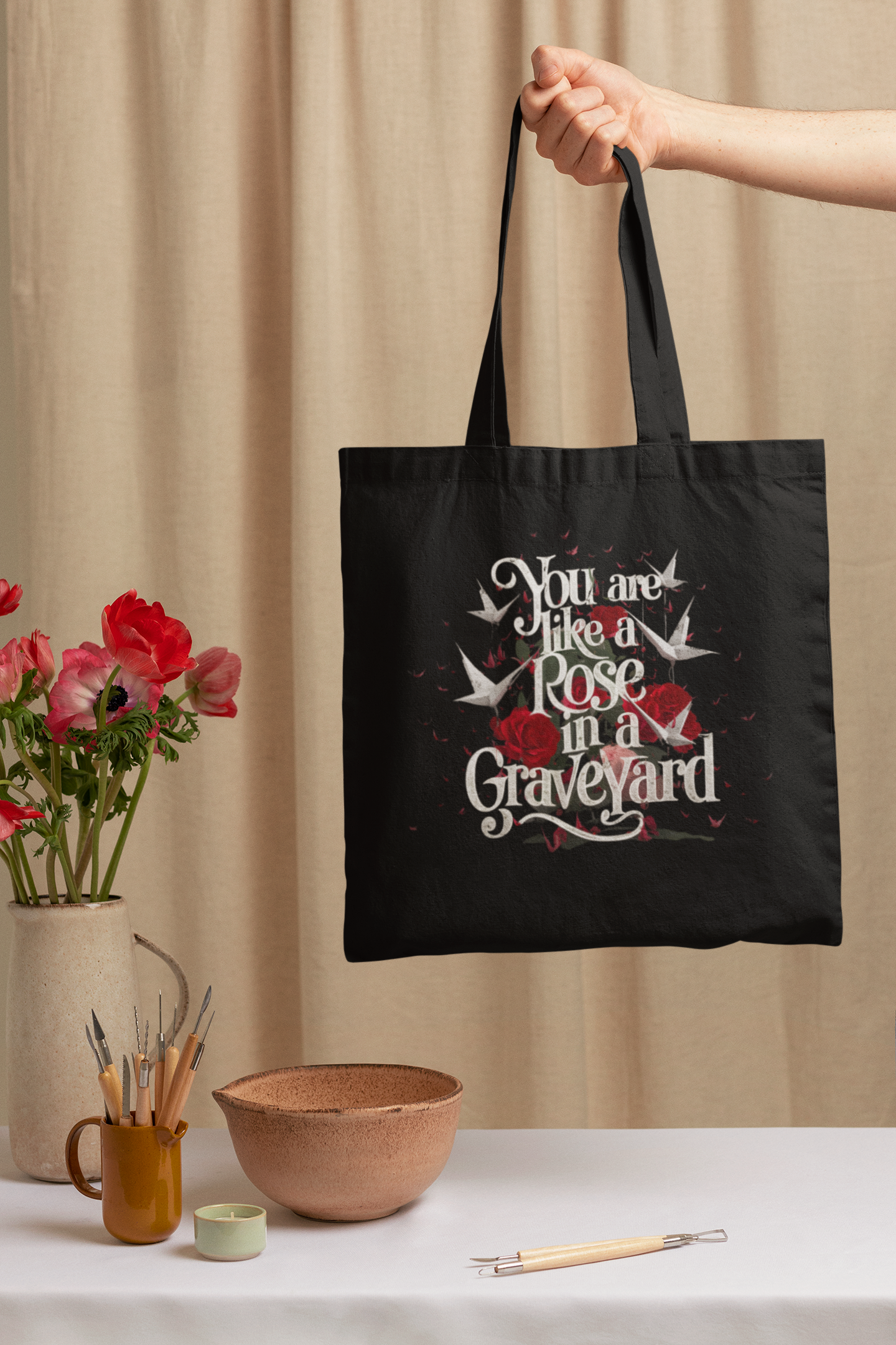 Cotton canvas tote bag with dark romance quote design, book lover accessory — view 4