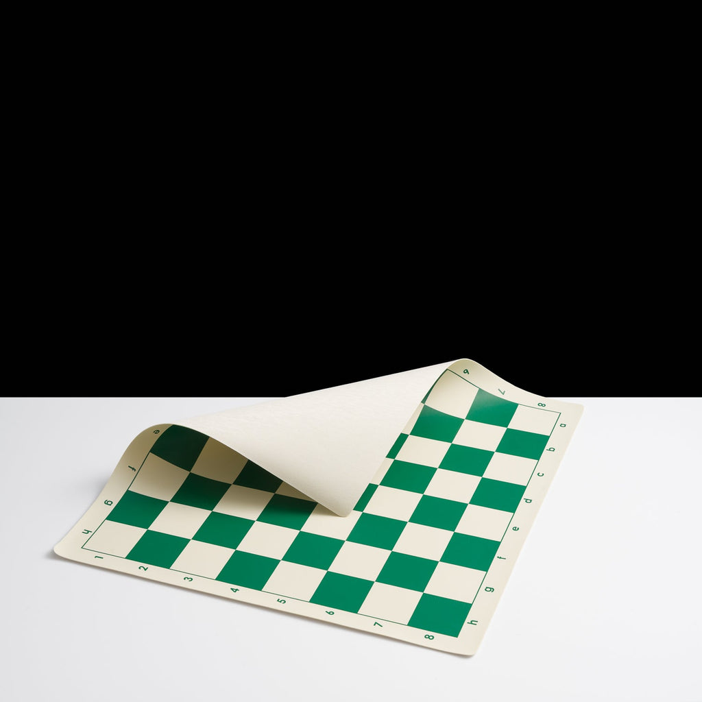 Tournament chess board in green and white vinyl, unrolled with clear algebraic notation borders — view 3