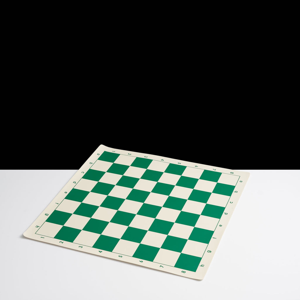 Tournament chess board in green and white vinyl, unrolled with clear algebraic notation borders — view 2