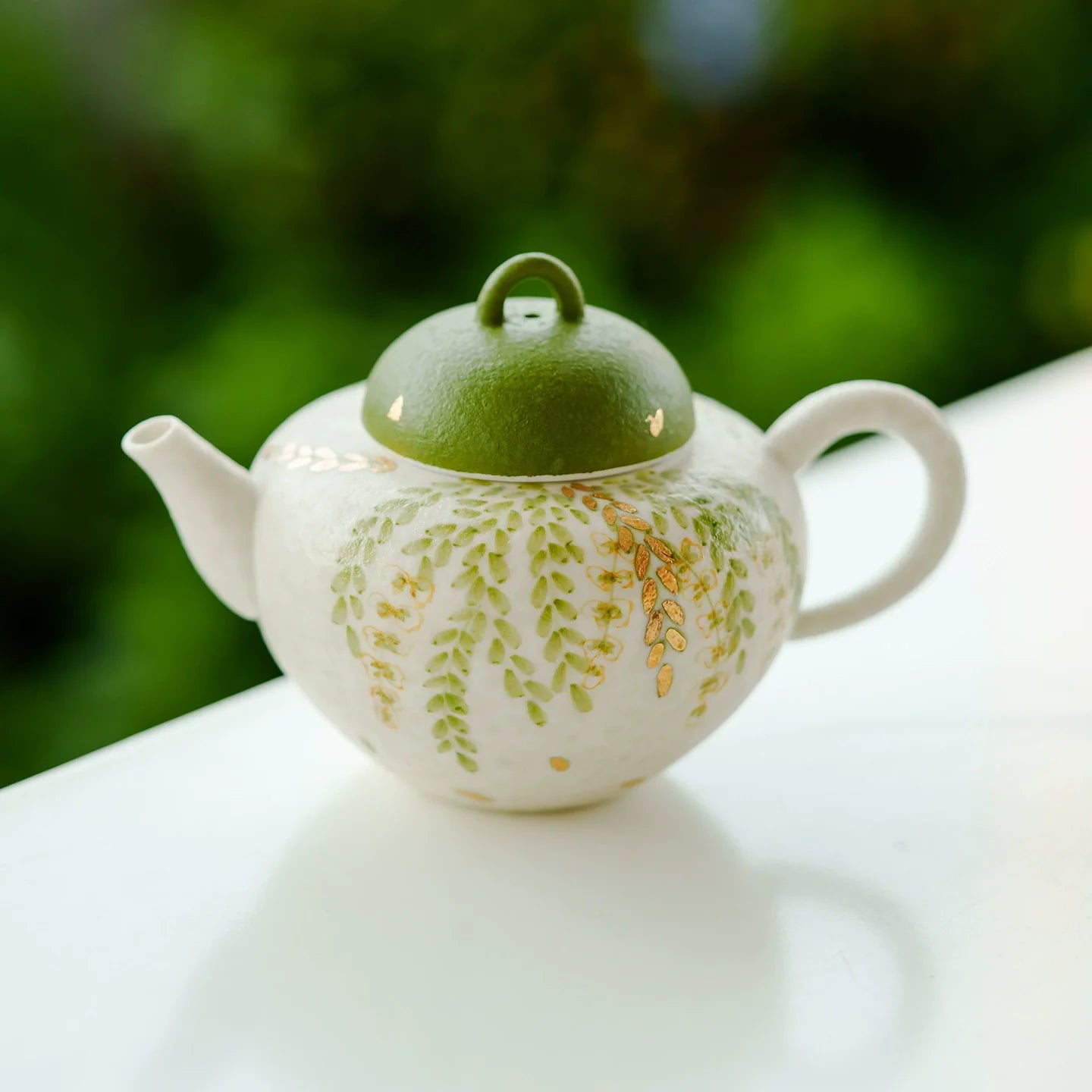 Handmade ceramic green leaf teapot with dome lid and loop handle for traditional tea ceremonies — view 2