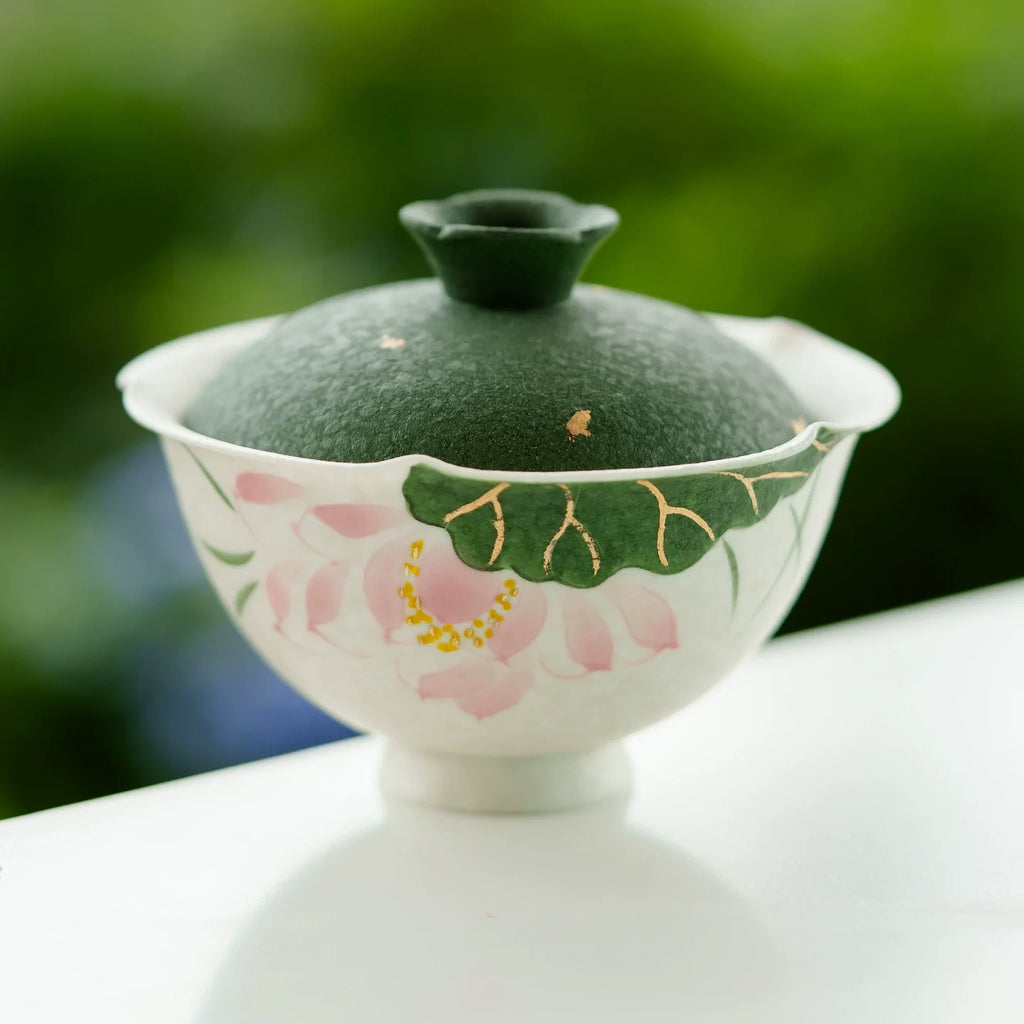 Handmade ceramic gaiwan with green lid and hand-painted pink lotus flower motif — view 2