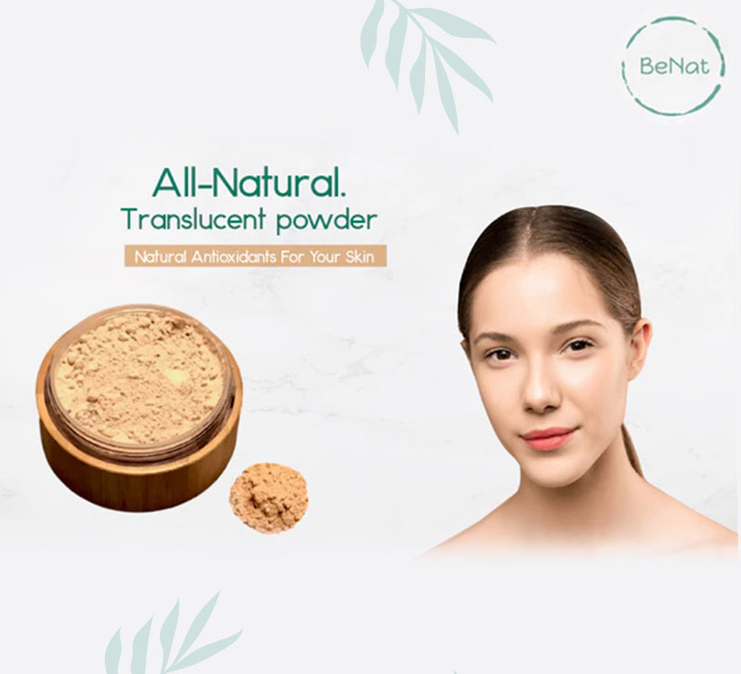 Translucent loose setting powder in an eco friendly bamboo container with puff and plastic sifter — view 2